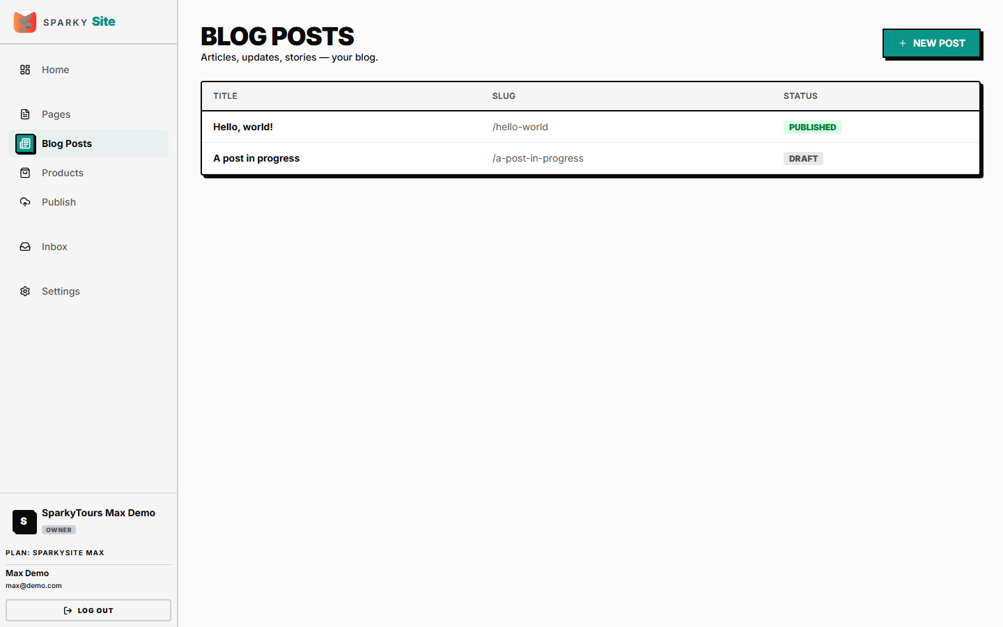 SparkySite blog post list showing a published post and a draft